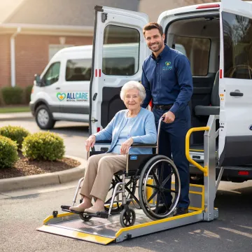 Caring medical transport specialist assisting elderly patient into wheelchair van