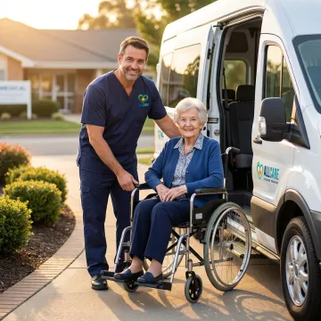 Caring medical transport driver helping elderly patient into wheelchair-accessible vehicle