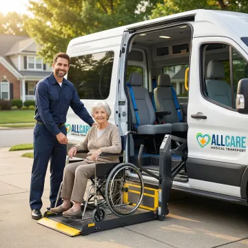 Professional medical transport van with wheelchair lift assisting patient in Tullahoma, TN
