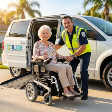 Elderly woman in wheelchair being assisted into accessible transport van by certified driver