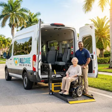 Wheelchair-accessible van with lift deployed assisting senior passenger