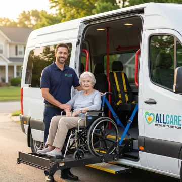 Professional senior transportation specialist assisting elderly passenger into accessible vehicle
