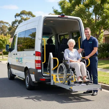 Modern wheelchair-accessible medical transport van with senior passengers