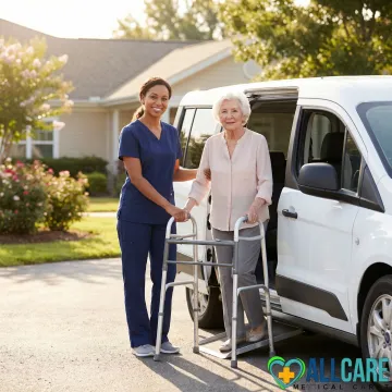 Friendly transport specialist assisting elderly woman with walker
