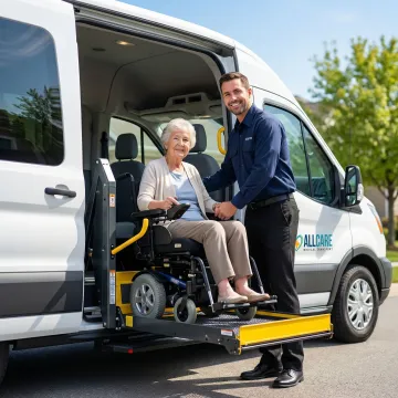 Senior citizen being assisted into wheelchair-accessible medical transport vehicle