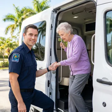 Medical transport team assisting senior patient with care