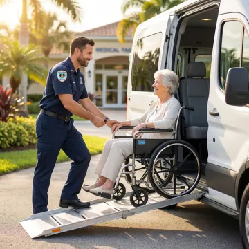 Medical transport vehicle assisting patient in wheelchair