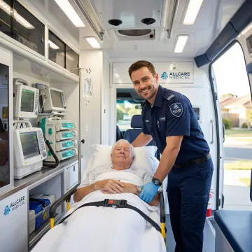 Medical transport specialist assisting patient on stretcher with caring attention and professional medical equipment