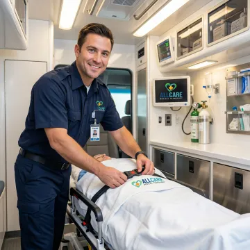 Professional medical transport specialist securing patient on stretcher inside specialized medical transport vehicle