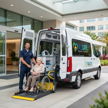 Professional medical transport vehicle with wheelchair accessibility arriving at healthcare facility