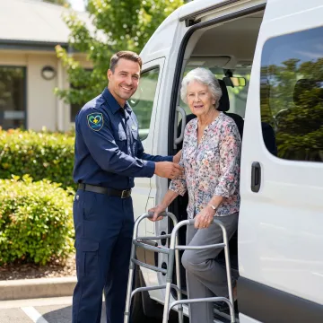 Caring medical transport specialist helping elderly patient into wheelchair-accessible vehicle