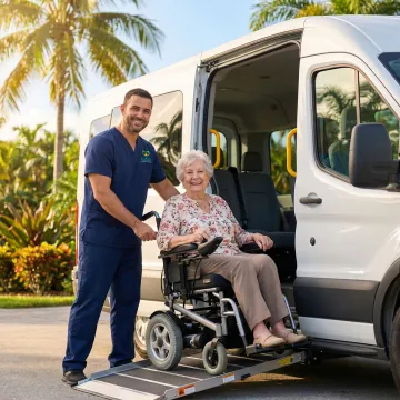 Caring medical transport specialist assisting elderly passenger in wheelchair