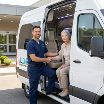 Medical transport vehicle assisting chemotherapy patient
