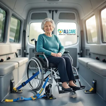 Senior patient smiling comfortably inside wheelchair-accessible medical transport vehicle
