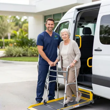Compassionate medical transport driver assisting senior patient into accessible vehicle