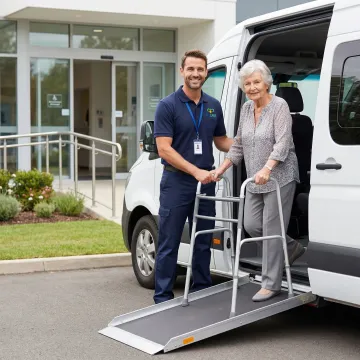 Friendly transport specialist helping senior patient exit medical transport vehicle at doctor's office