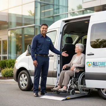Professional medical transport specialist assisting senior citizen into wheelchair-accessible vehicle