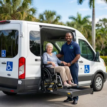Professional medical transport vehicle with wheelchair accessibility and caring staff assisting a senior patient