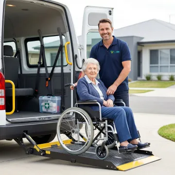Caring medical transport specialist assisting elderly patient into wheelchair-accessible vehicle
