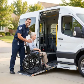 Medical transport specialist helping dialysis patient into wheelchair-accessible vehicle
