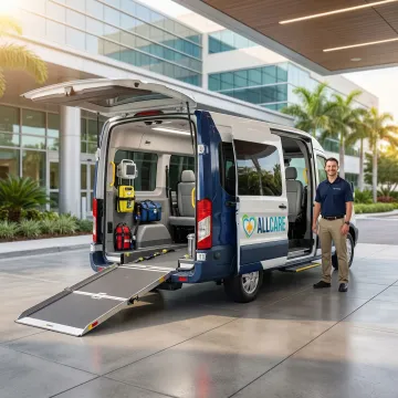 Professional medical transport vehicle parked outside Miami healthcare facility