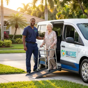 Professional medical transport specialist assisting senior patient into wheelchair-accessible vehicle in Seminole County