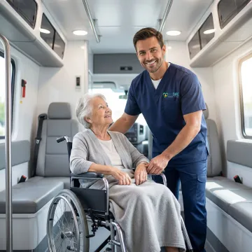 Caring medical transport specialist assisting elderly patient with wheelchair in comfortable transport vehicle