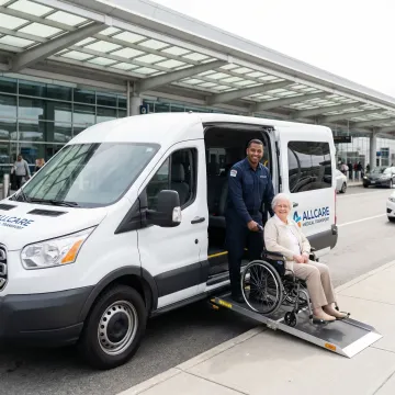 Medical transport van at Orlando International Airport providing wheelchair assistance for Palm Coast transfer