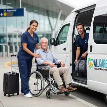 Medical transport specialist assisting elderly passenger from airport terminal to specialized vehicle