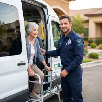 Caring transport specialist helping elderly woman into medical transport vehicle
