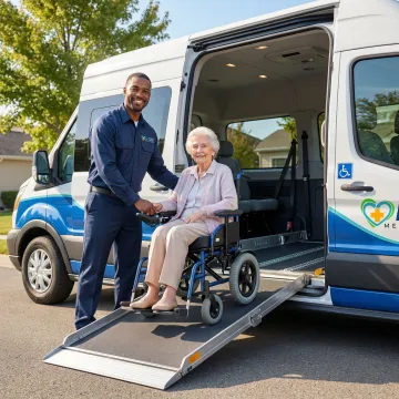 Professional medical transport van with wheelchair lift assisting senior patient