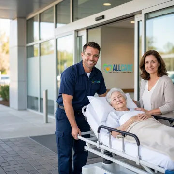 Medical transport specialist assisting patient from stretcher at medical facility