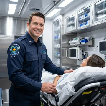 Certified medical transport specialist assisting patient on stretcher with care and professionalism