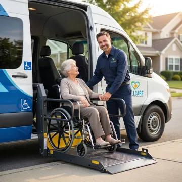 Professional medical transport vehicle assisting senior passenger
