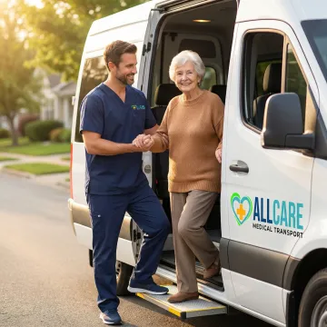Compassionate driver assisting elderly woman into medical transport vehicle