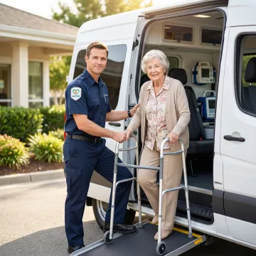 Professional medical transport specialist assisting senior passenger into accessible vehicle