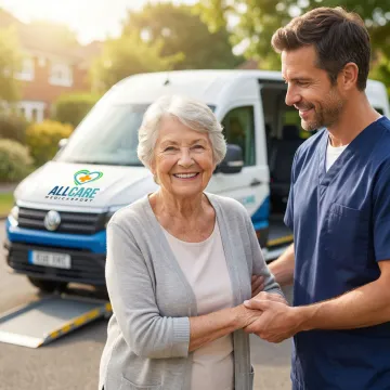 Senior citizen smiling while being assisted by compassionate medical transport professional
