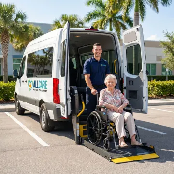 Professional medical transport vehicle assisting senior citizen to medical appointment