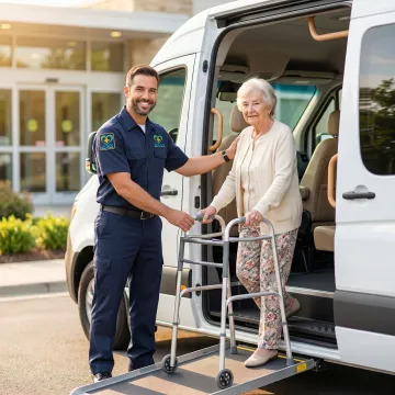 Caring transport specialist helping elderly woman into medical transport vehicle