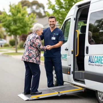Medical transport specialist assisting senior patient into wheelchair van