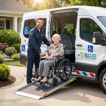 Professional medical transport van with wheelchair lift assisting senior patient