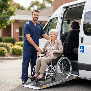 Professional medical transport specialist assisting elderly passenger in wheelchair into accessible vehicle