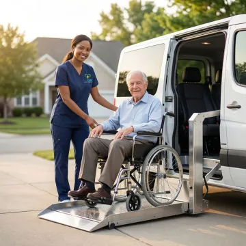 Professional medical transport specialist assisting senior patient into specialized wheelchair-accessible vehicle