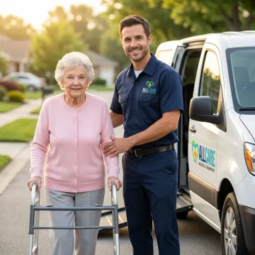 Caring transport specialist helping elderly woman with walker into medical transport vehicle