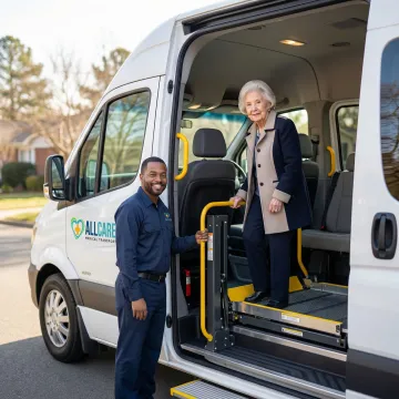 Caring transport specialist helping elderly patient into wheelchair accessible van