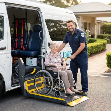 Professional wheelchair accessible van with hydraulic lift loading a passenger in wheelchair
