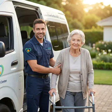 Senior patient receiving gentle assistance from NEMT driver