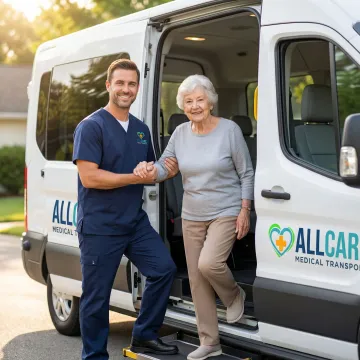 Caring medical transport specialist assisting elderly patient