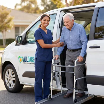 Caring medical transport driver assisting elderly woman with walker