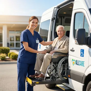 Professional medical transport specialist assisting elderly patient into specialized vehicle